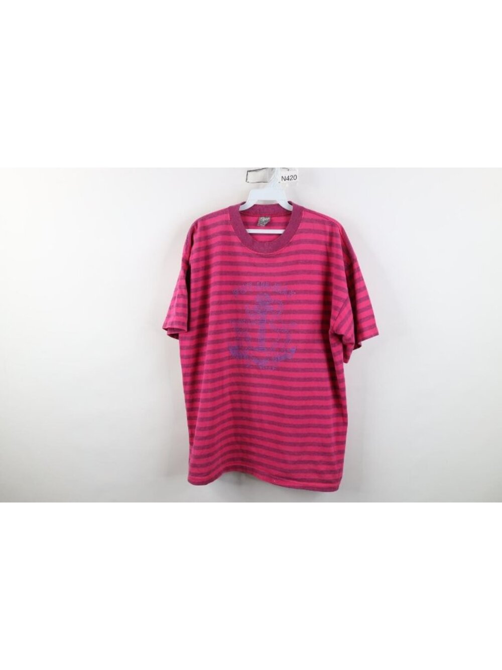 Vintage 90s Put In Bay Ohio Boat Anchor T-Shirt Womens Size XL Pink Striped USA